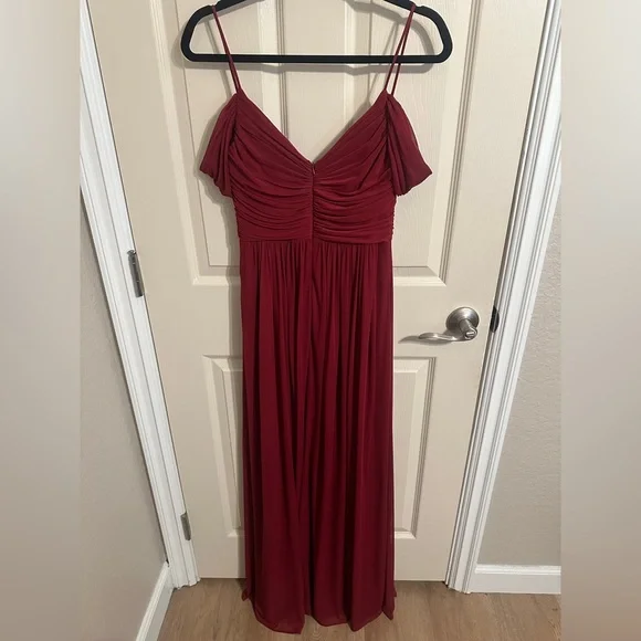 ALFRED SUNG D743 Ruched V-Neck Cold Shoulder Maxi Dress w Slit, Burgundy, Sz 2 - Picture 4 of 15